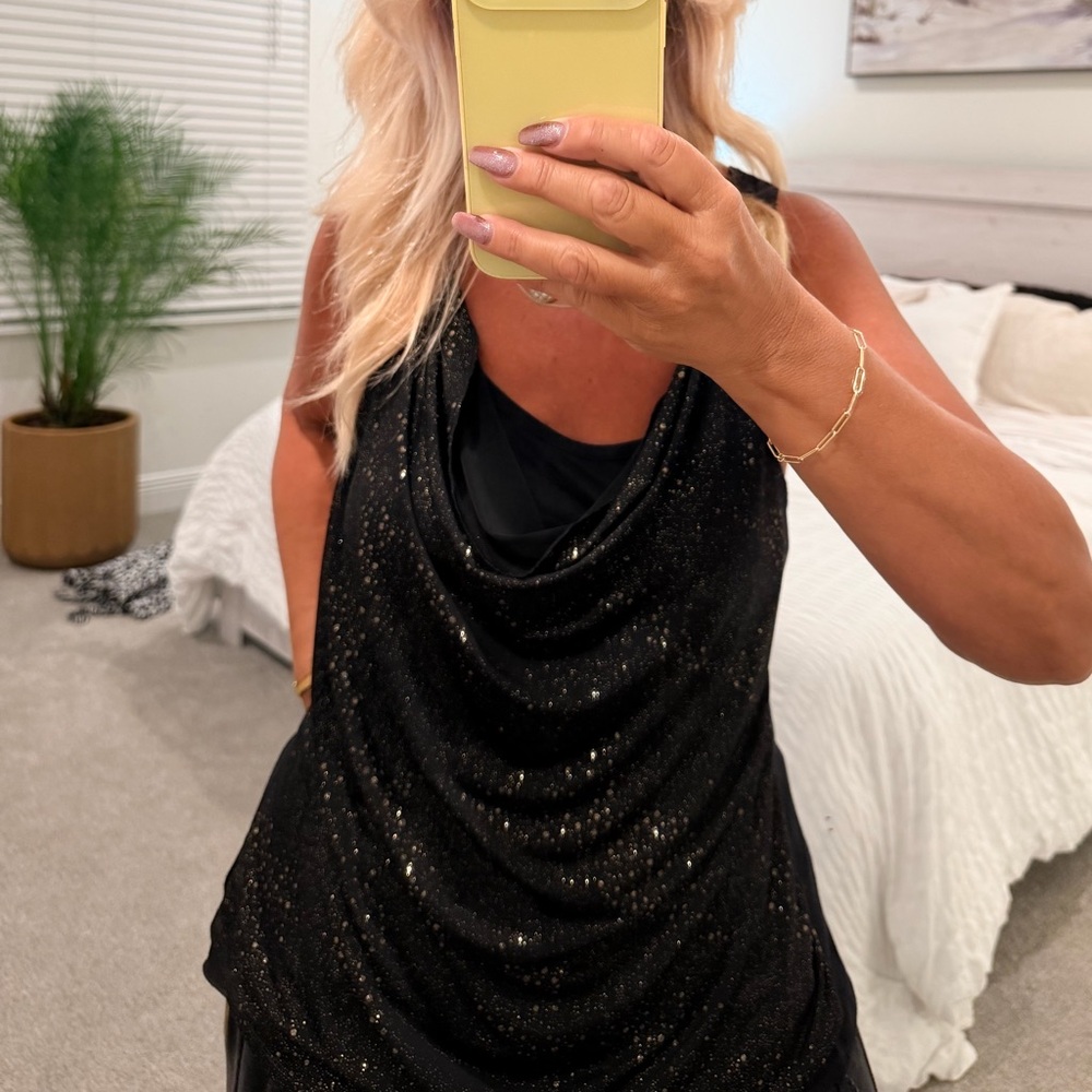 Rock & Republic Black, silver Sparkle Strapless Cowl Neck top L